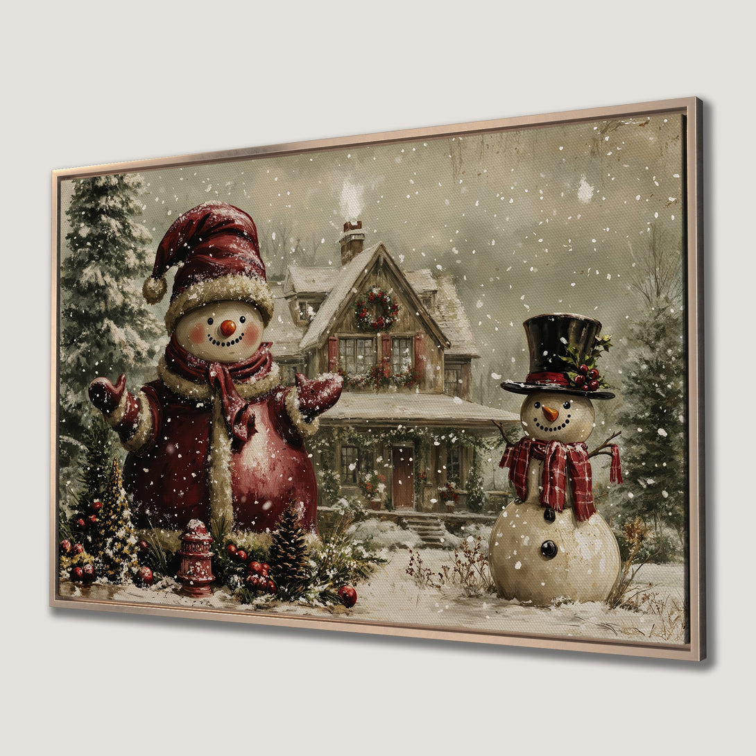 Framed Wall Art: Charming winter scene with snowmen and a cozy house. Rustic style, warm red and neutral tones. Perfect holiday decor.