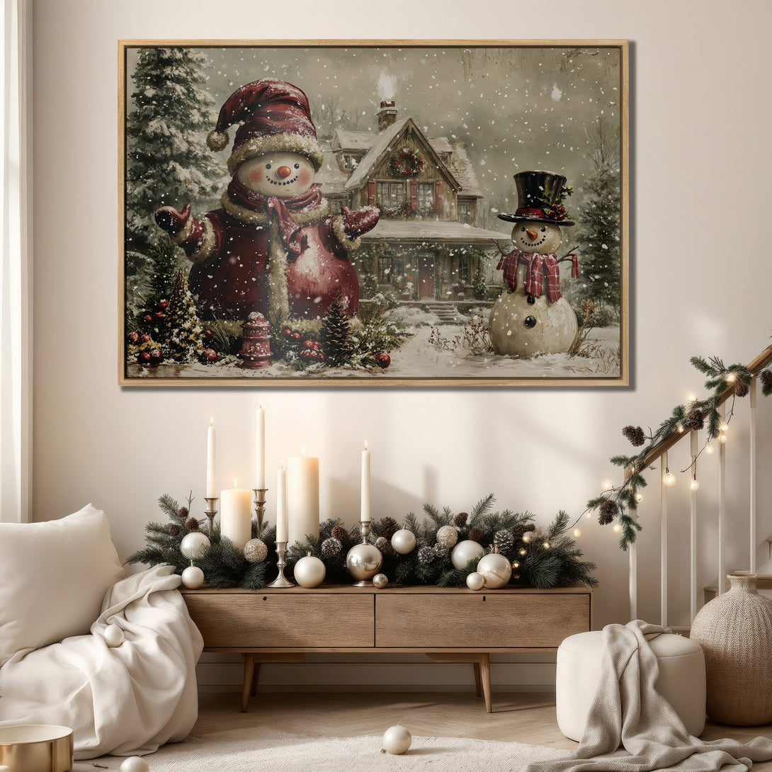 Framed Wall Art featuring a whimsical snowman scene in a snowy winter landscape. Warm red and neutral color palette, perfect for cozy holiday decor.