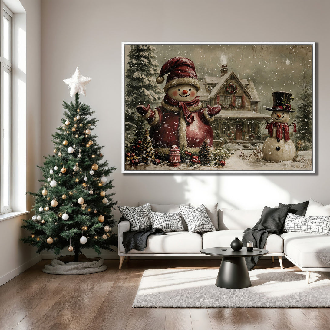 Framed Wall Art: Charming winter snowman scene in a cozy interior. Rustic style with red, white, and green color palette. Perfect Christmas decor!