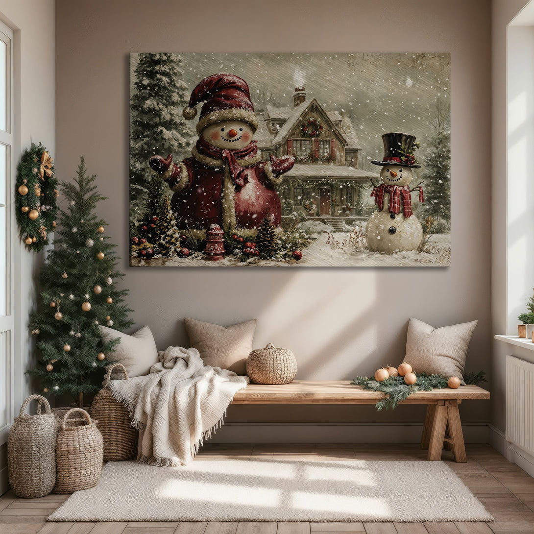 Framed Wall Art: Charming winter scene with snowmen, rustic style, and a warm red and neutral color palette. Perfect holiday home decor!
