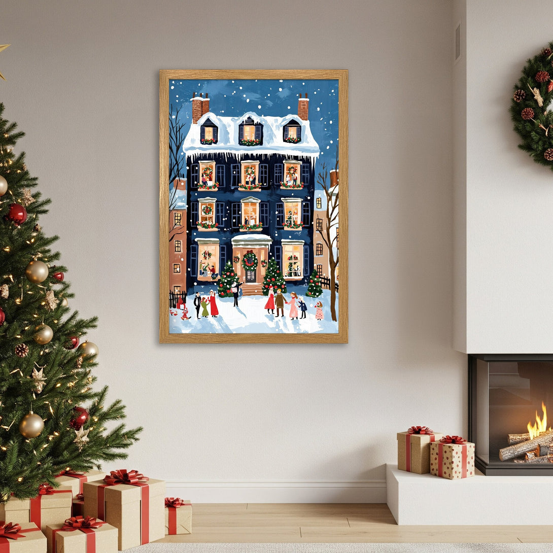 Framed Poster featuring a festive Christmas scene with a charming house, painted in a whimsical style, with a blue and warm color palette.