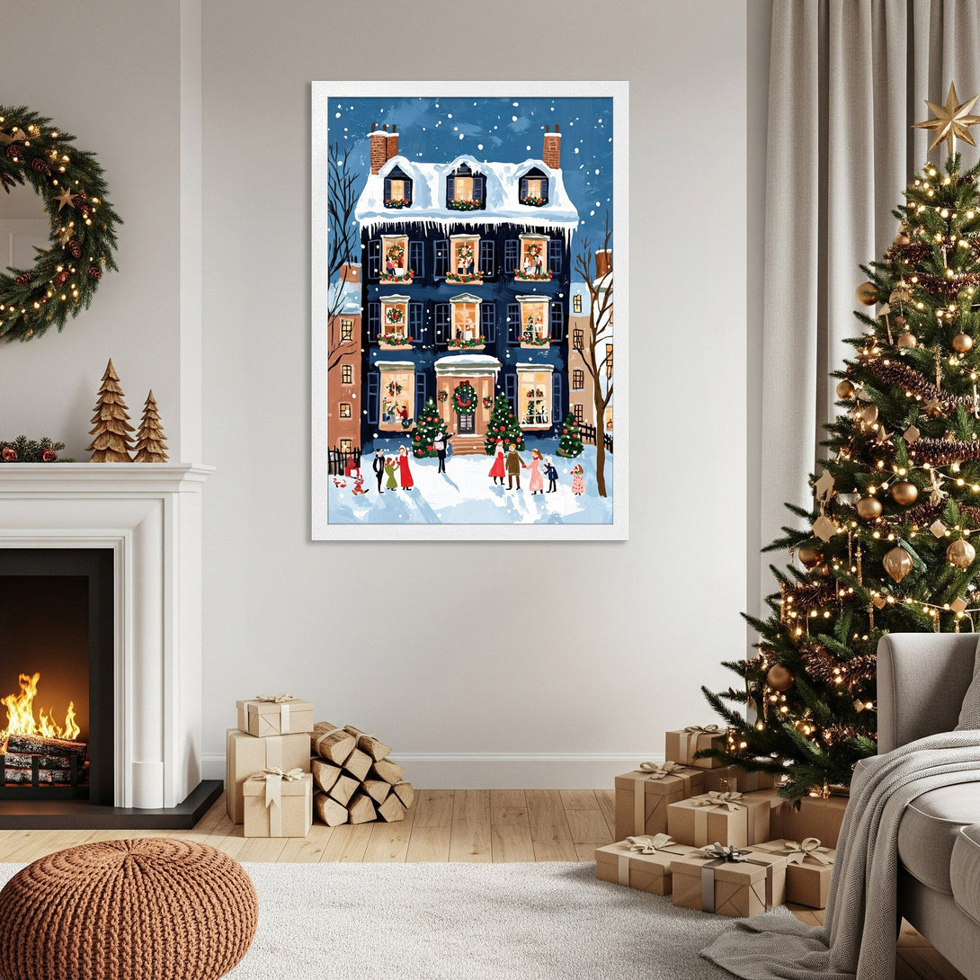 Framed Poster of a festive winter scene with a house, in a charming, illustrative style, featuring a blue and white color palette. Perfect holiday decor!