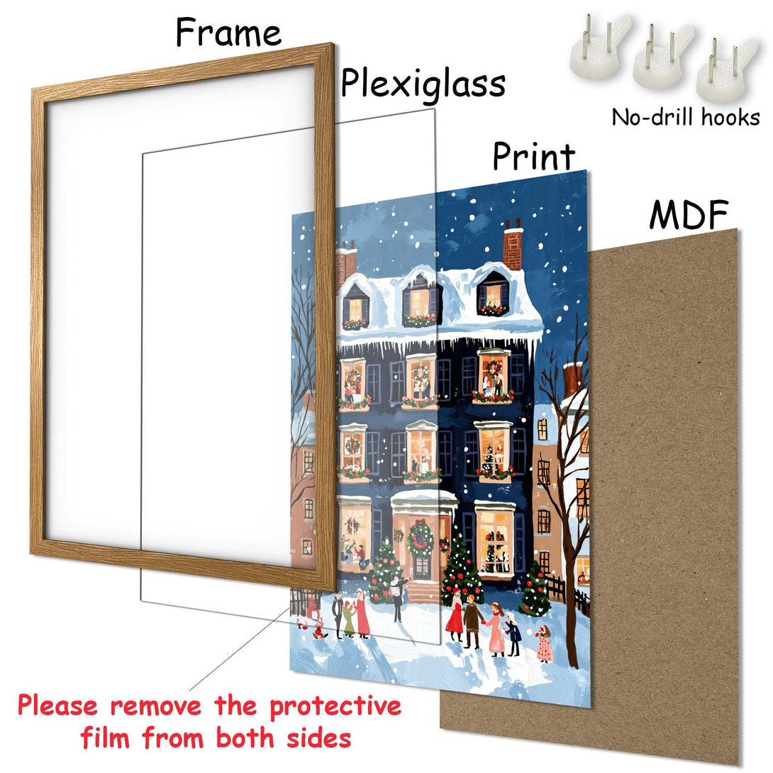 Framed Poster featuring a winter scene with a charming house and people. Warm, inviting colors in a painterly style. Perfect for holiday decor.
