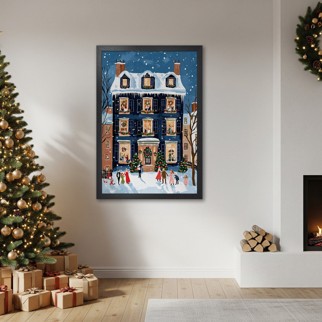 Framed Poster of a winter holiday scene with a blue house, festive style, and a snowy blue and white palette. Perfect Christmas decor.