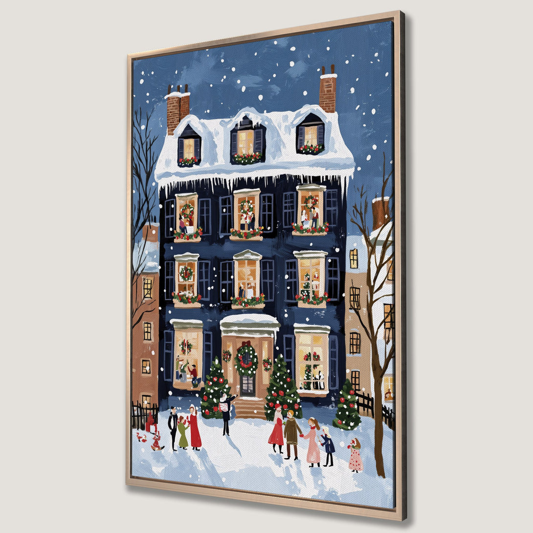 Framed Wall Art: Festive winter scene Canvas Print featuring a blue house, carolers, and a snowy landscape. Warm, inviting colors perfect for holiday decor.