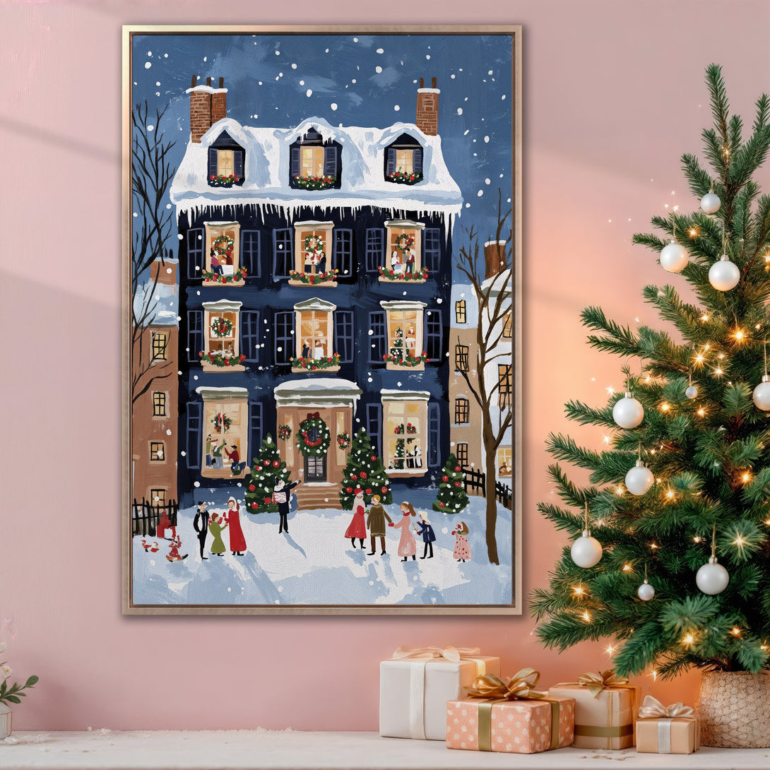 Framed Wall Art: Festive winter scene Canvas Print with a charming blue house, snowy landscape, and warm holiday colors. Perfect for Christmas decor!