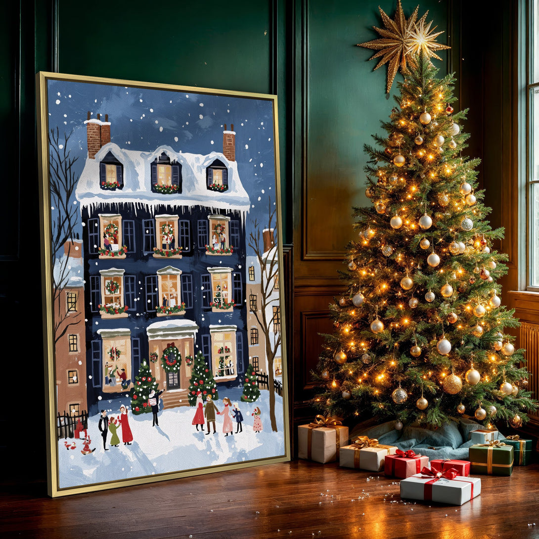 Canvas Print of a festive winter scene with a charming house, featuring a blue and white color palette. Perfect for holiday decor!