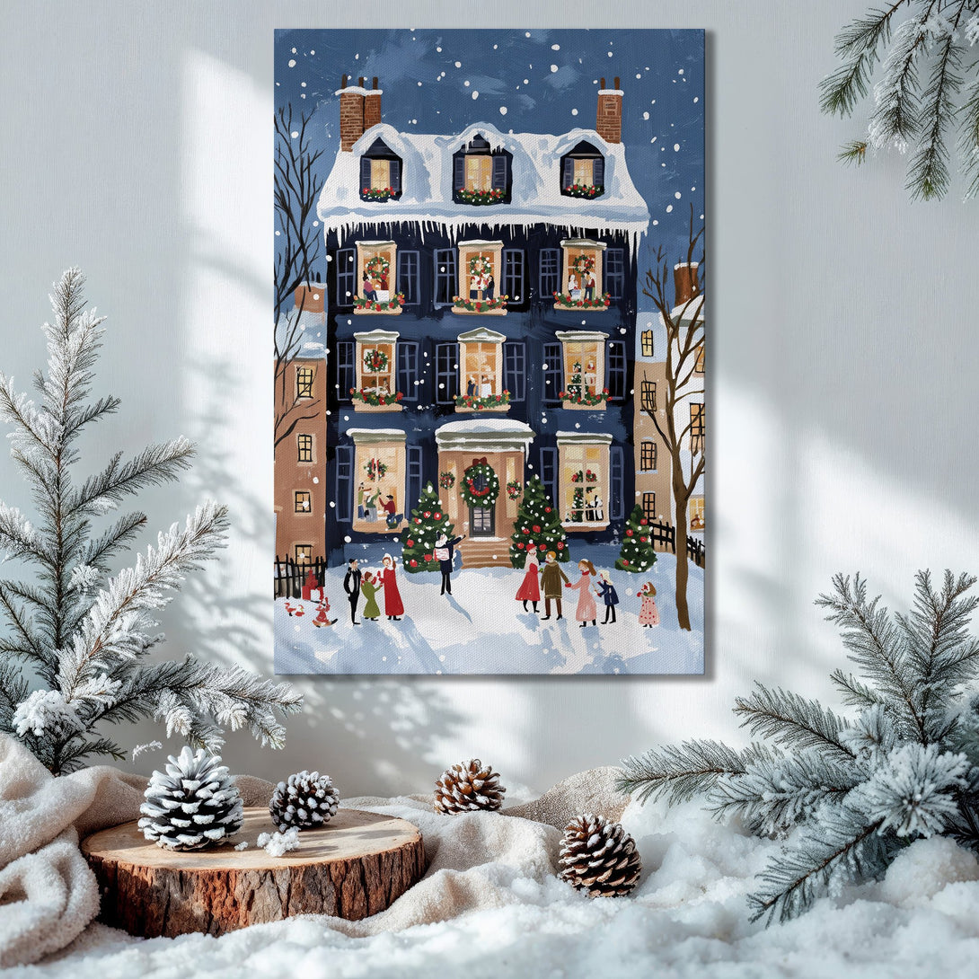 Framed Wall Art: Festive winter scene Canvas Print with a charming blue house, snowy landscape, and warm, inviting color palette. Perfect holiday decor.