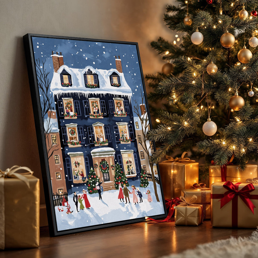 Framed Wall Art of a festive winter scene with a blue house, snowy details, and a warm color palette, perfect for Christmas decor.