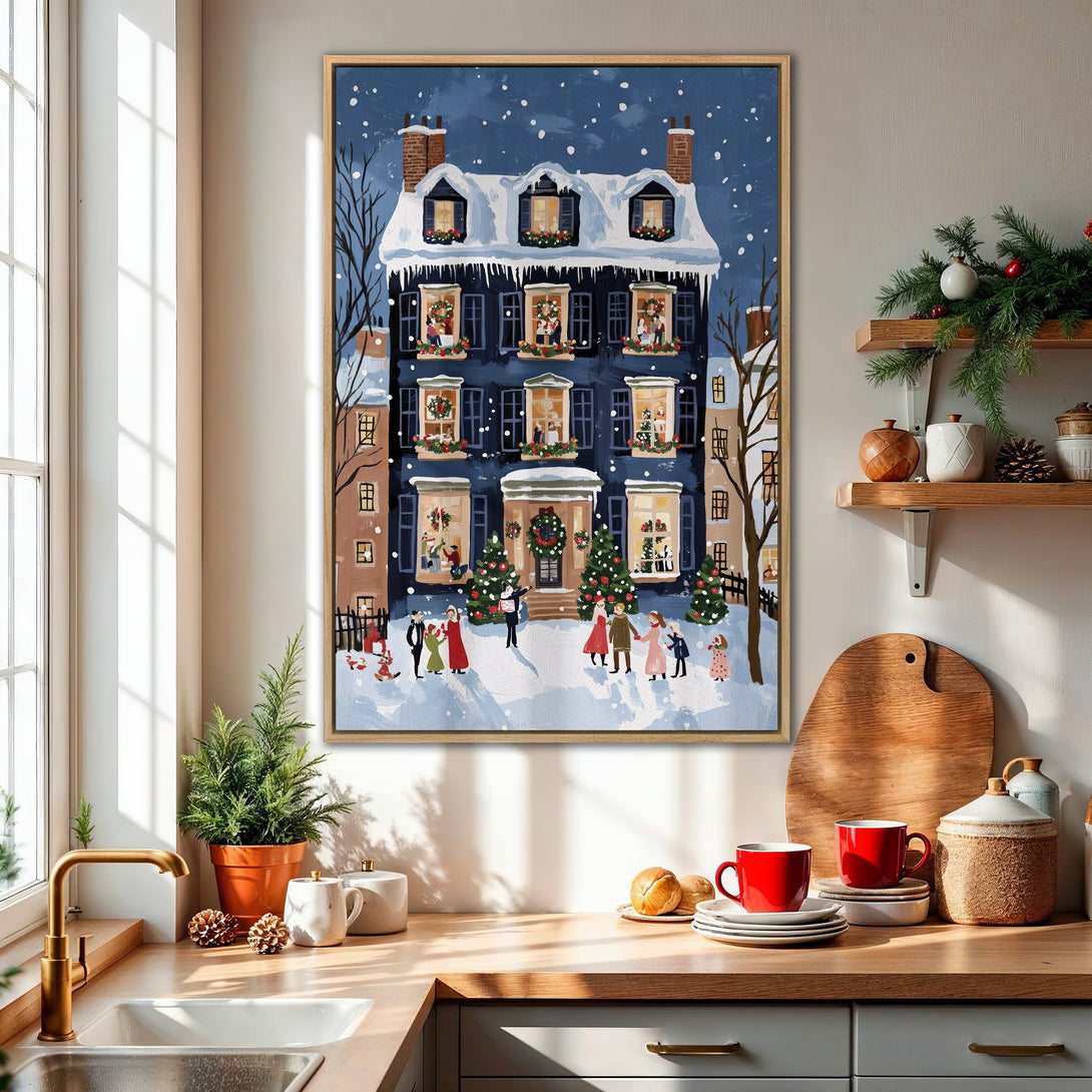 Framed Wall Art: Festive winter scene Canvas Print with a blue house, snowy landscape, and warm color palette. Perfect for holiday decor!