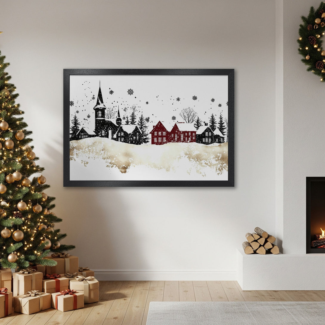 Framed Poster featuring a winter village scene in black, red, and gold. Perfect holiday decor!
