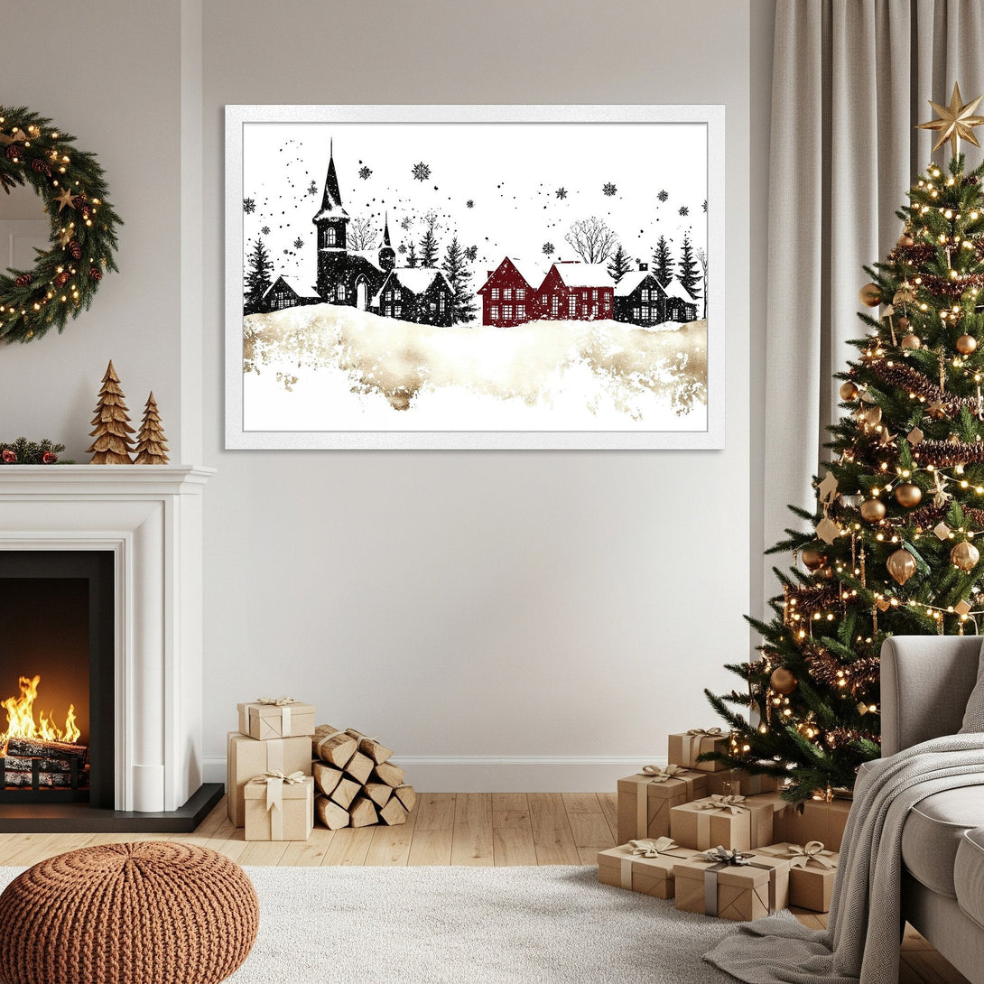 Framed Poster featuring a winter village scene in black, white, and gold. Perfect holiday decor!