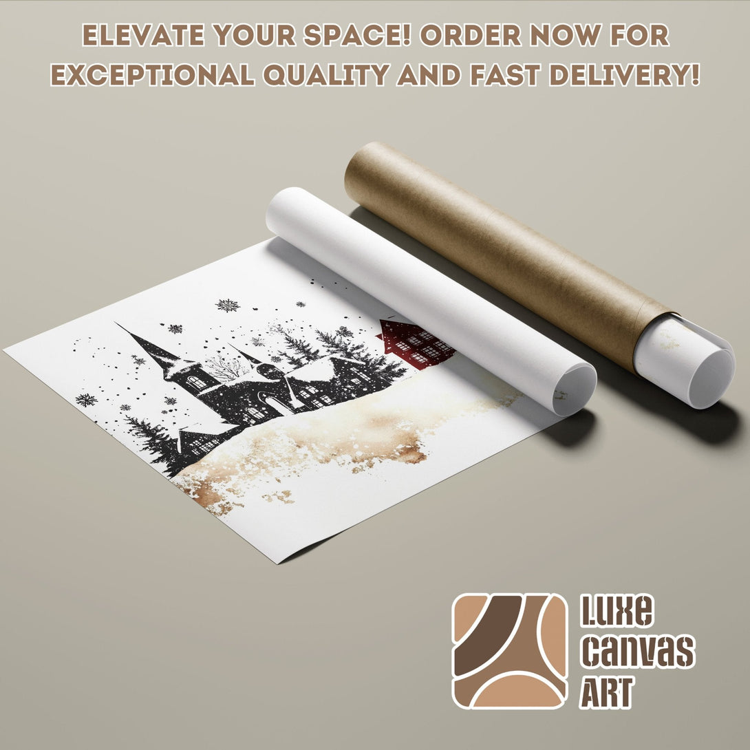 Winter landscape Poster Roll in black, white, and gold. Elevate your space with art!