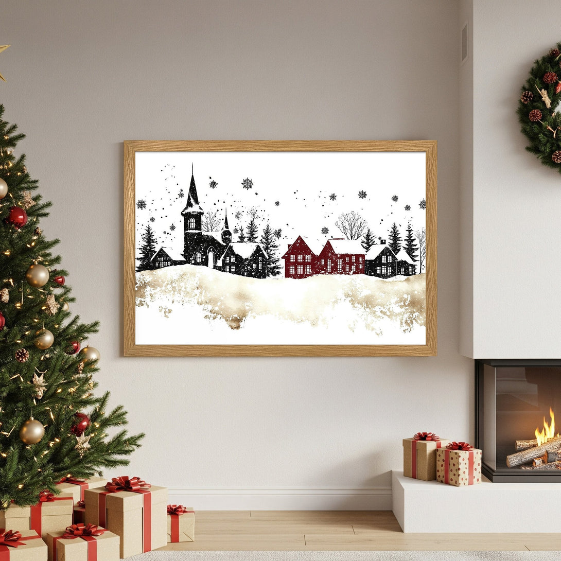 Framed Poster featuring a winter village scene in black, white, and red. Perfect holiday decor! Add this beautiful poster to your home.