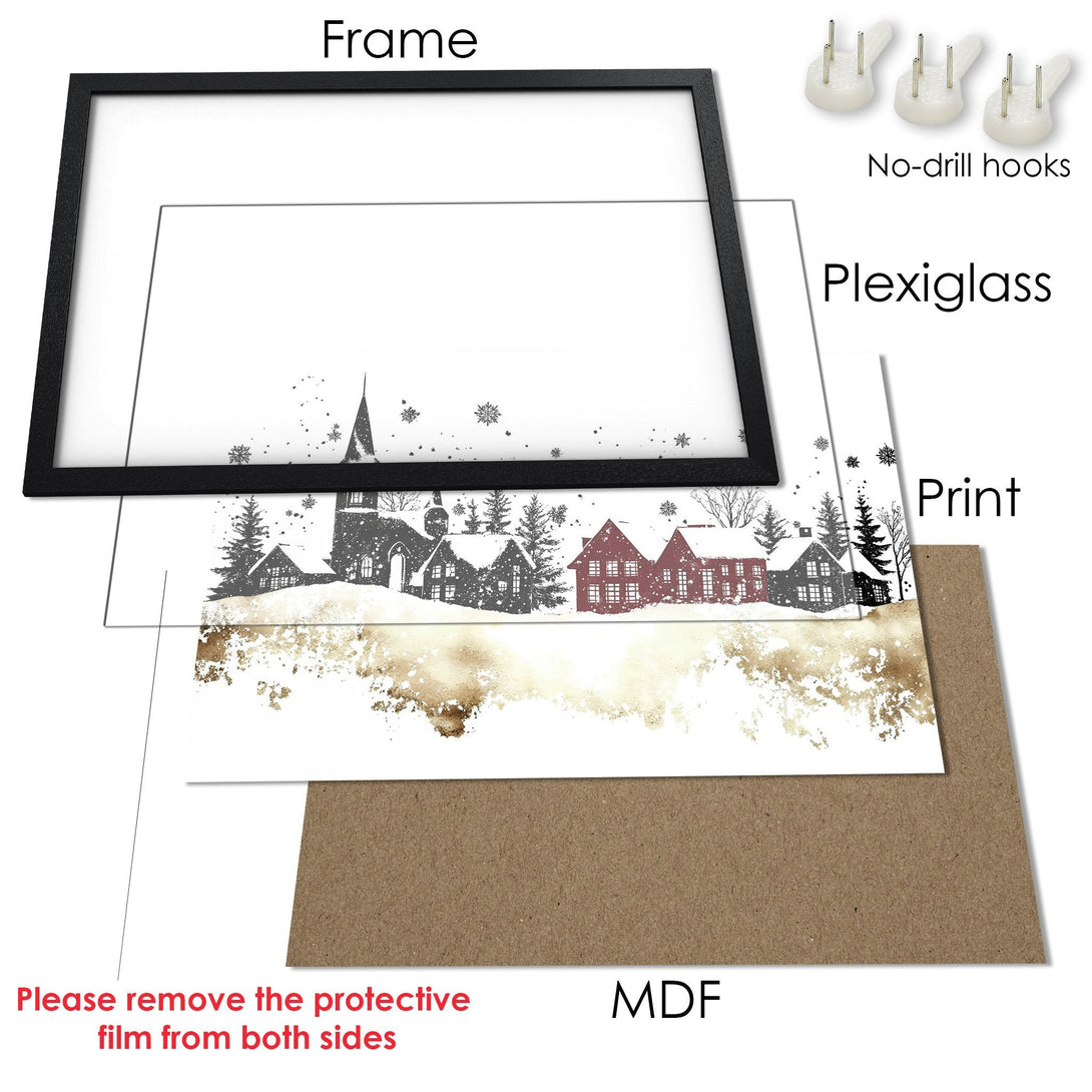 Framed Poster featuring a winter village scene in black, white, and gold. Perfect wall art for a cozy, stylish home.
