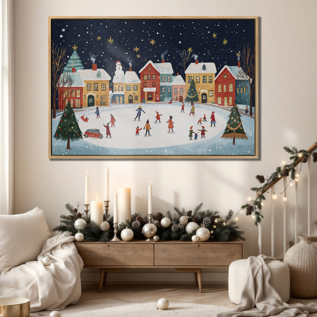Framed Wall Art: Charming winter village scene with skaters, trees, and colorful houses. Perfect for holiday decor. Features a cozy, warm color palette.