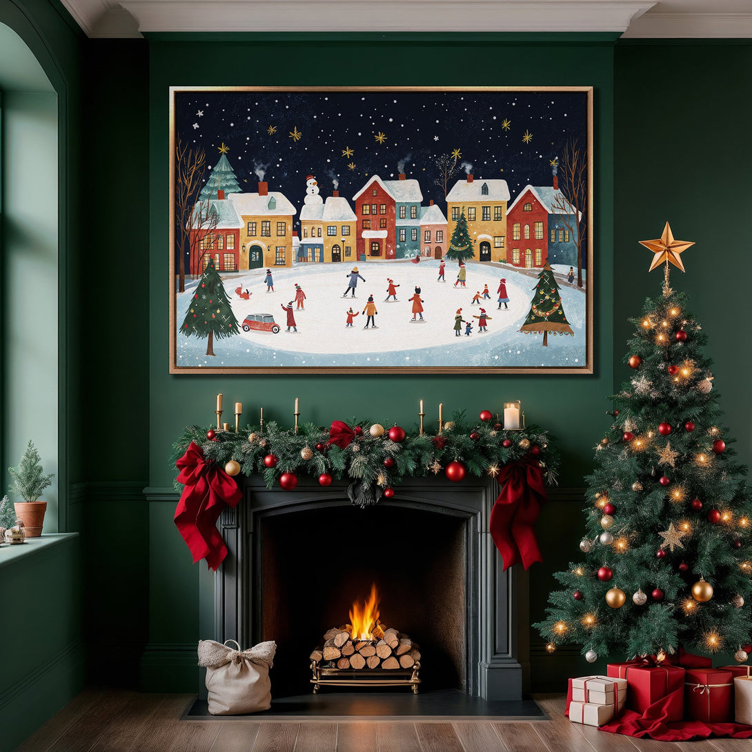 Framed Wall Art: Winter village scene with skaters. Whimsical illustration in warm, inviting colors. Perfect Christmas decor for a cozy home.