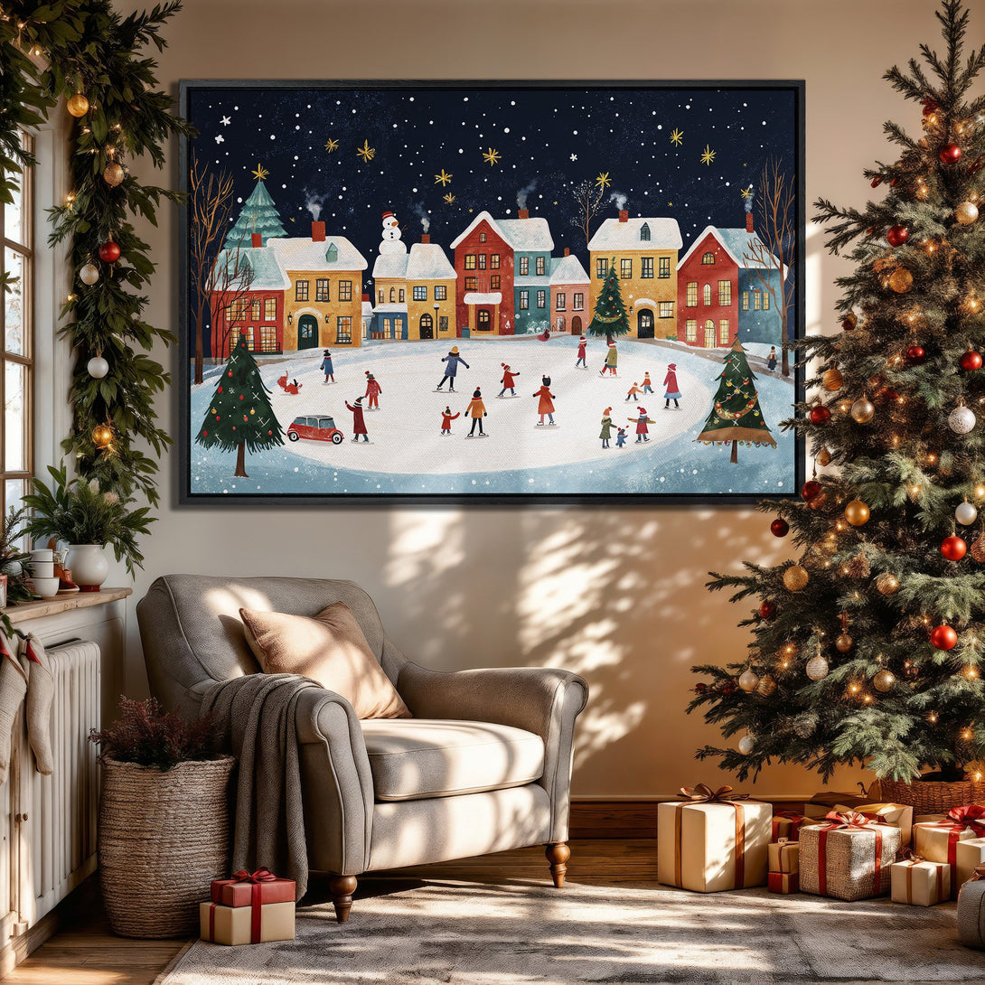 Framed Wall Art: Charming winter village scene in a cozy interior. Features a whimsical style with a blue, red, and yellow color palette. Perfect holiday decor!