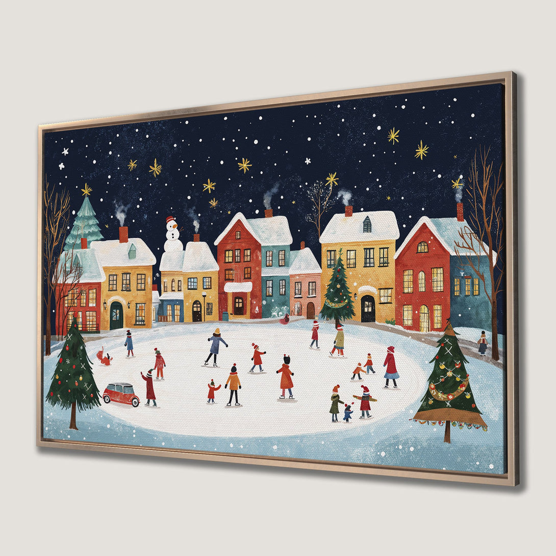 Framed Wall Art: Winter village scene Canvas Print with whimsical illustration, featuring a snowy ice rink, charming houses, and a warm color palette.