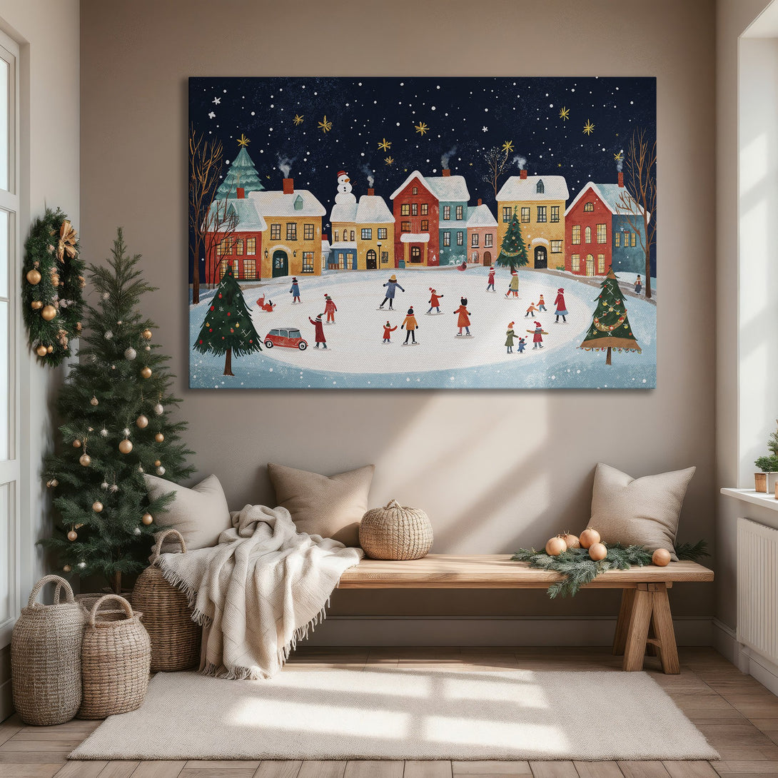 Framed Wall Art: Winter village scene with skaters, colorful houses, and a starry night. Whimsical illustration style with a warm, inviting color palette.