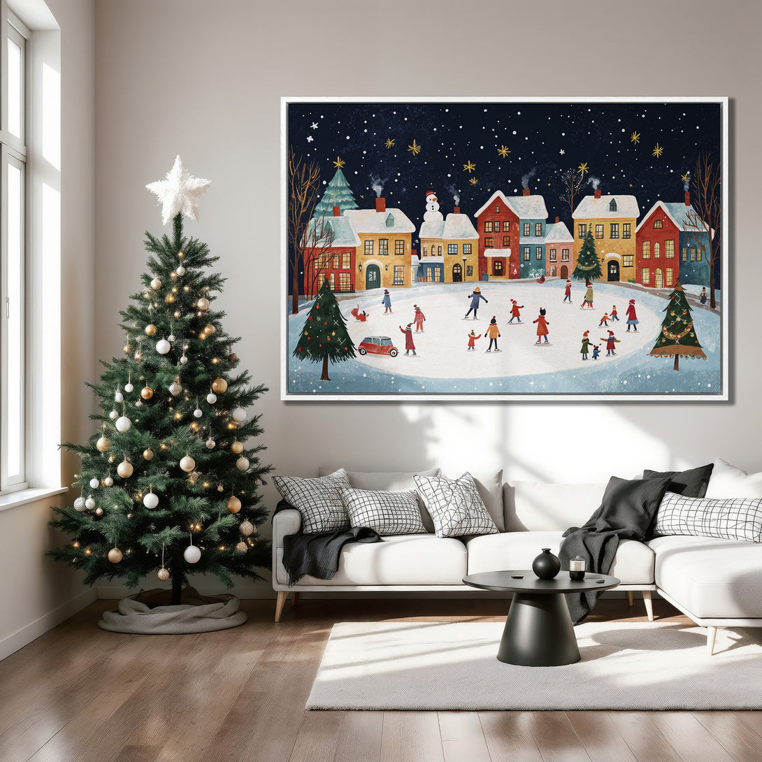 Framed Wall Art: Whimsical winter scene Canvas Print with a colorful village, skaters, and a cozy, inviting atmosphere. Perfect for holiday decor!