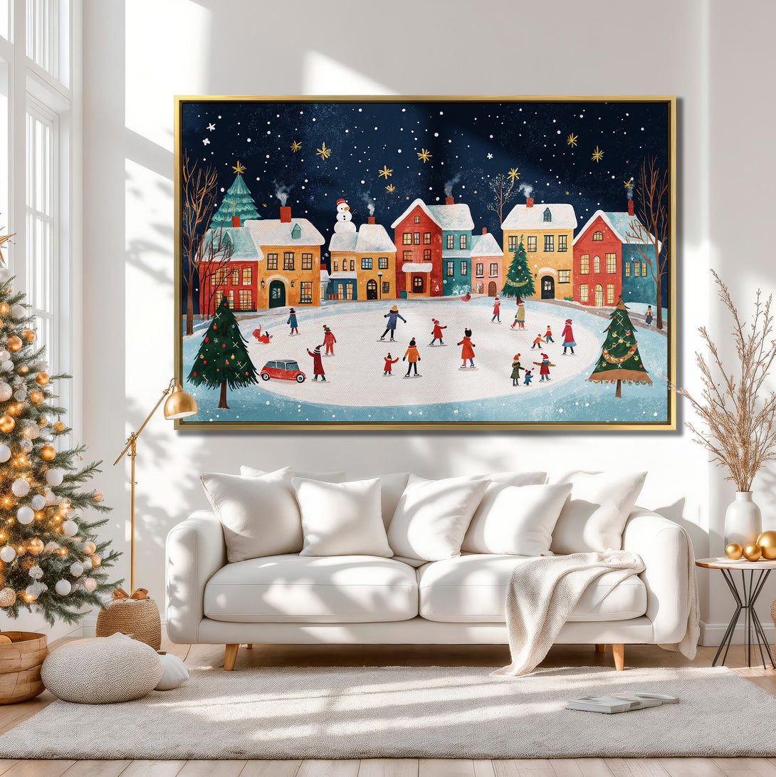 Canvas Print of a charming winter village scene with skaters, in a whimsical style with a warm, inviting color palette. Perfect holiday decor!