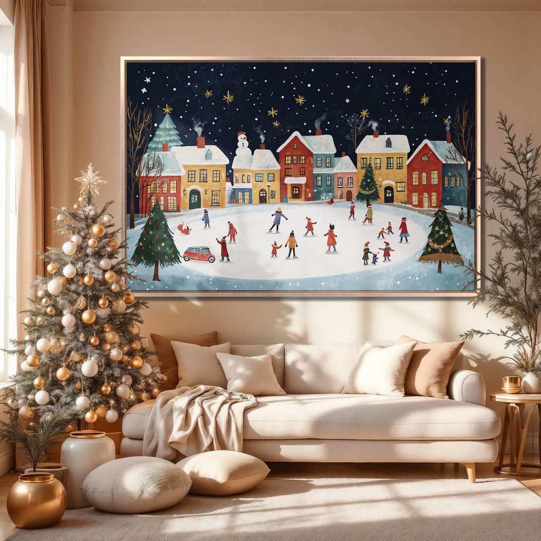 Framed Wall Art: Winter village scene Canvas Print with a whimsical style, featuring a snowy night sky and colorful houses. Warm, inviting color palette.