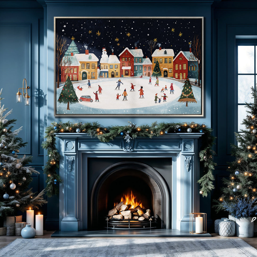 Framed Wall Art: Festive winter scene Canvas Print in a cozy interior. Featuring a charming illustration with a blue, red, and yellow color palette, perfect for holiday decor.