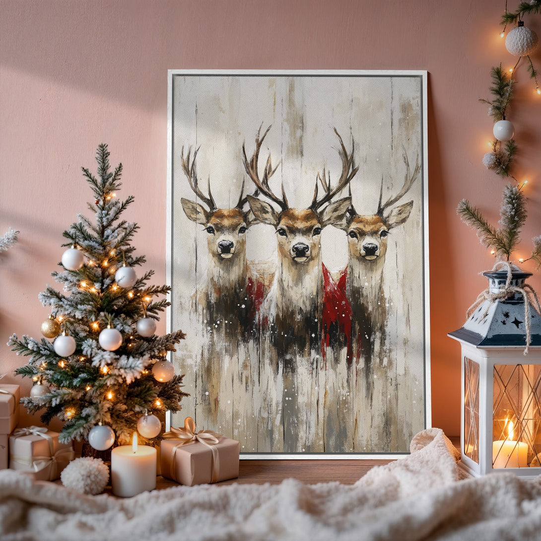 Framed Wall Art: Rustic deer painting in neutral tones. Perfect for cozy winter decor. Warm color palette with touches of red. Shop now!