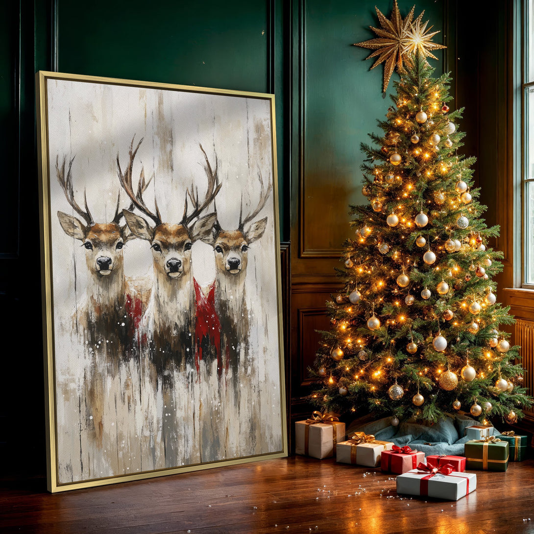 Canvas Print of three deer in a rustic style, with neutral and red tones. Perfect for winter decor!