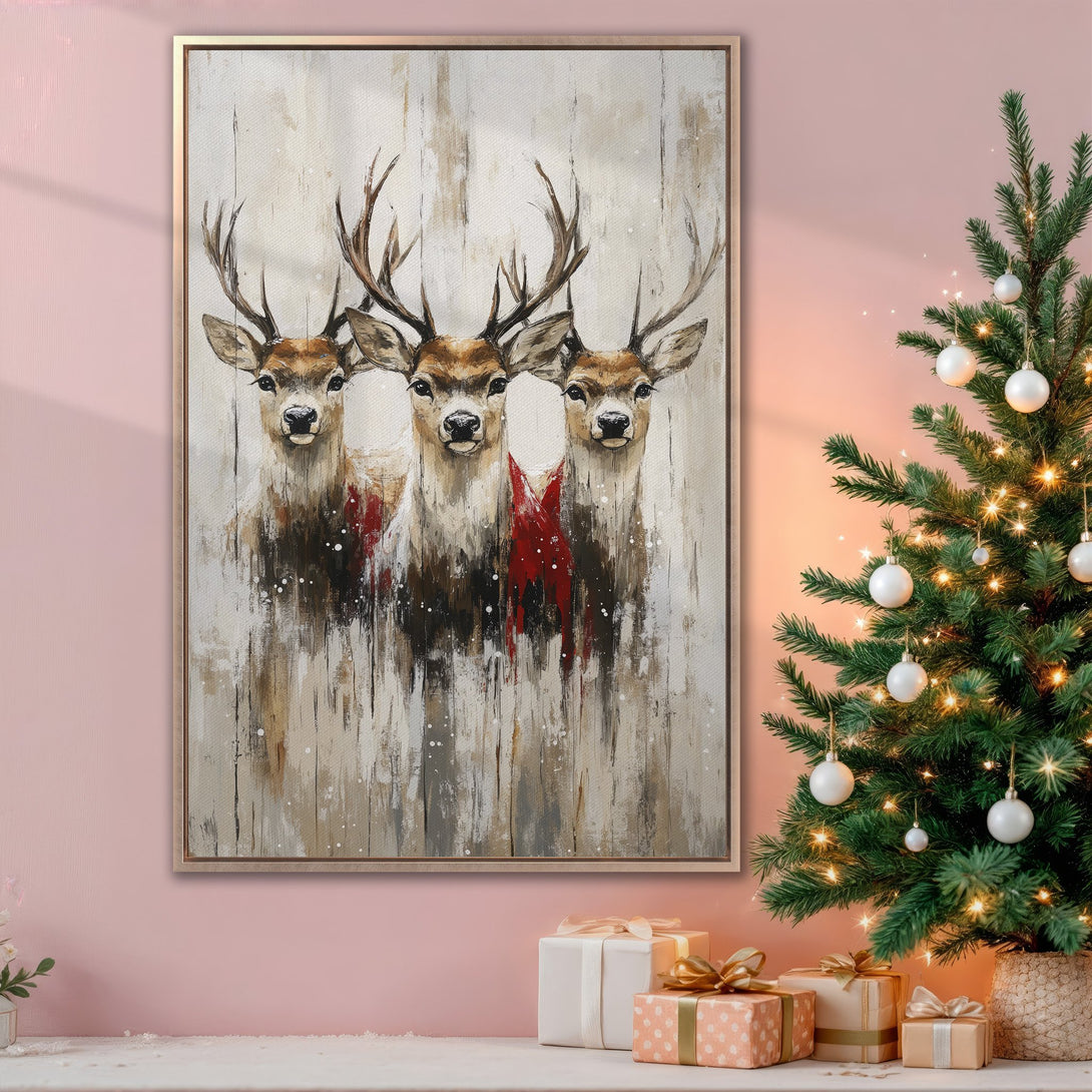 Framed Wall Art featuring majestic deer in an abstract style, warm neutral palette with pops of red. Perfect for adding a touch of rustic elegance to your home this holiday season.