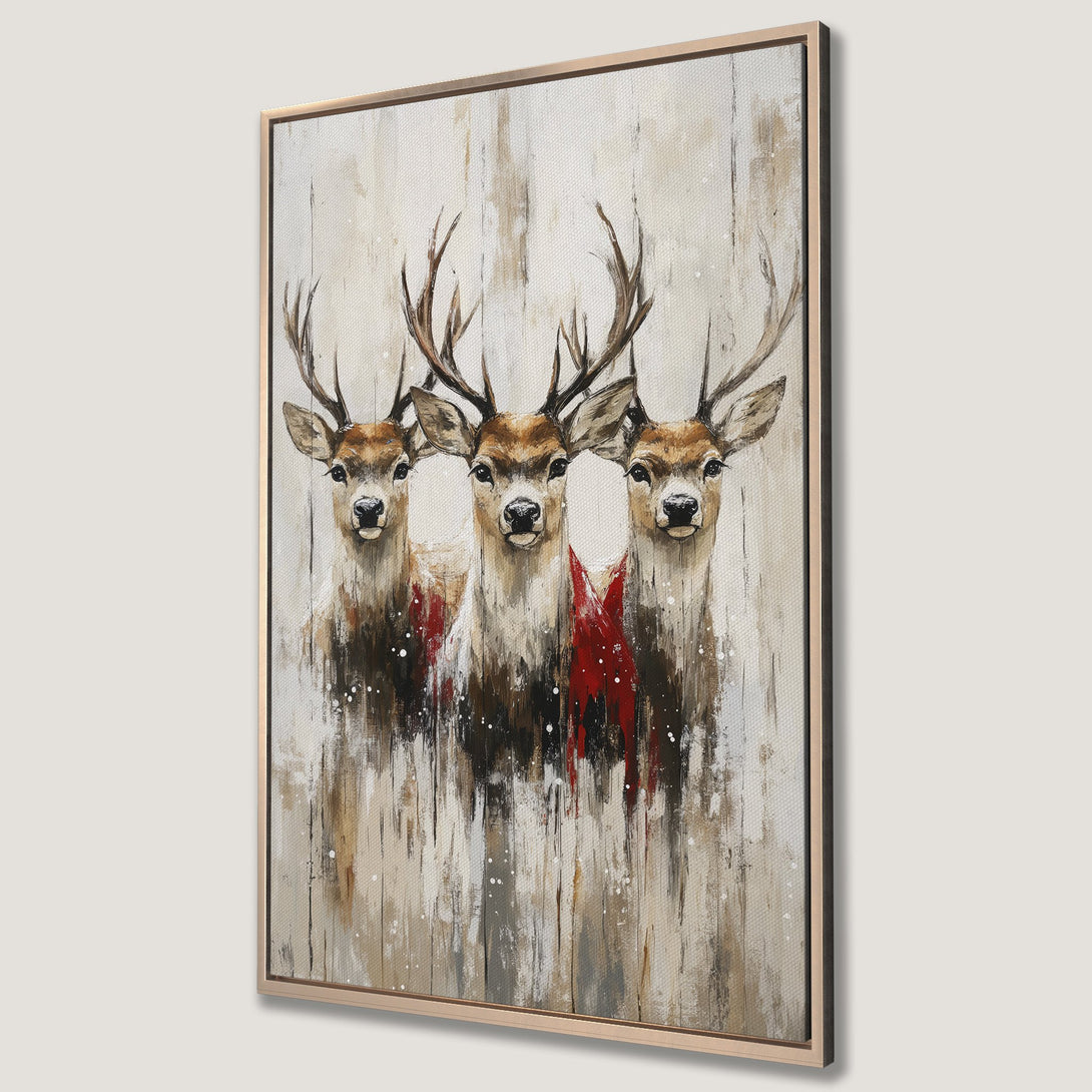 Framed Wall Art: Abstract deer painting in neutral tones with pops of red. Modern canvas print for living room or bedroom decor. Rustic style.