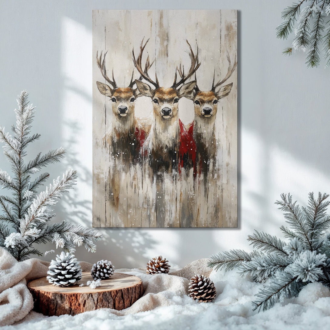 Framed Wall Art: Abstract deer painting in neutral tones with red accents. Perfect holiday decor, displayed in a cozy Christmas scene.