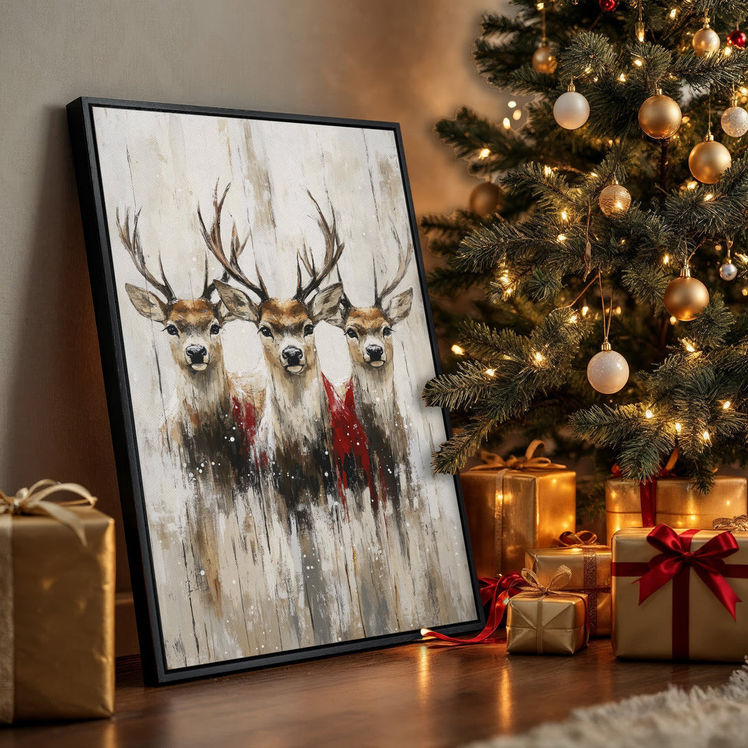 Framed Wall Art featuring a majestic deer painting. Rustic style with a neutral and red color palette, perfect for holiday decor.