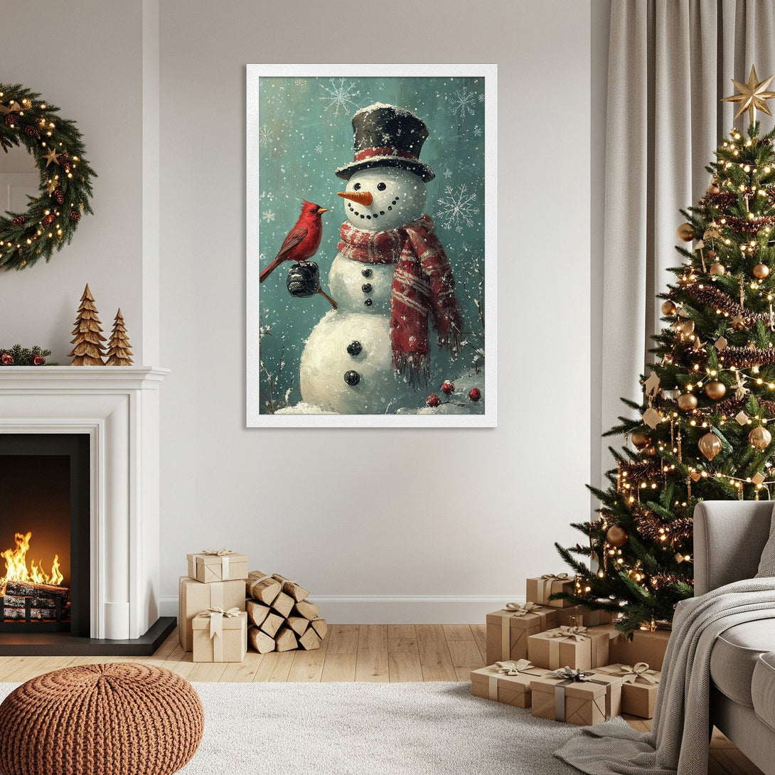 Framed Poster of a snowman with a cardinal, winter art in a cozy living room. Blue, red, and white color palette. Perfect holiday decor!