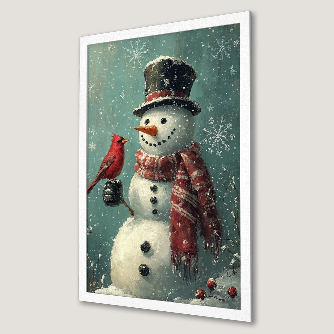 Framed Poster featuring a whimsical snowman with a red cardinal, painted in a vintage style with a teal and red color palette. Perfect winter decor.