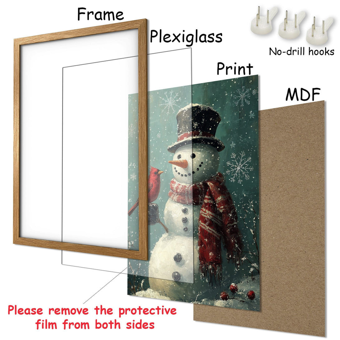 Framed Poster featuring a snowman with a red bird, in a vintage style. Winter scene with a teal and red color palette.