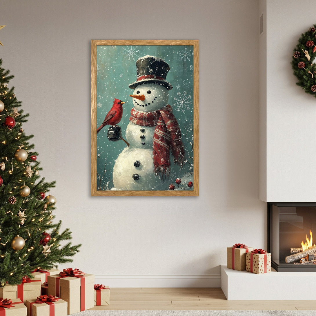 Framed Poster featuring a snowman and cardinal in a snowy scene. Festive art with a teal, red, and white color palette. Christmas decor.
