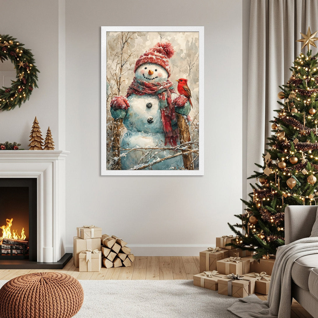Framed Poster featuring a watercolor snowman with red accents, perfect for Christmas decor. Warm, inviting color palette.