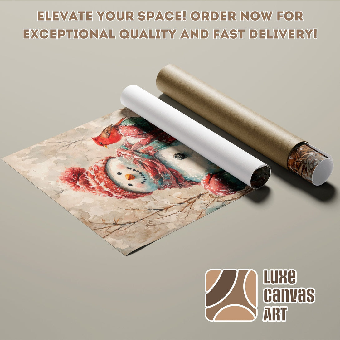 Watercolor Poster Roll featuring a snowman and cardinal, warm color palette. Elevate your space!