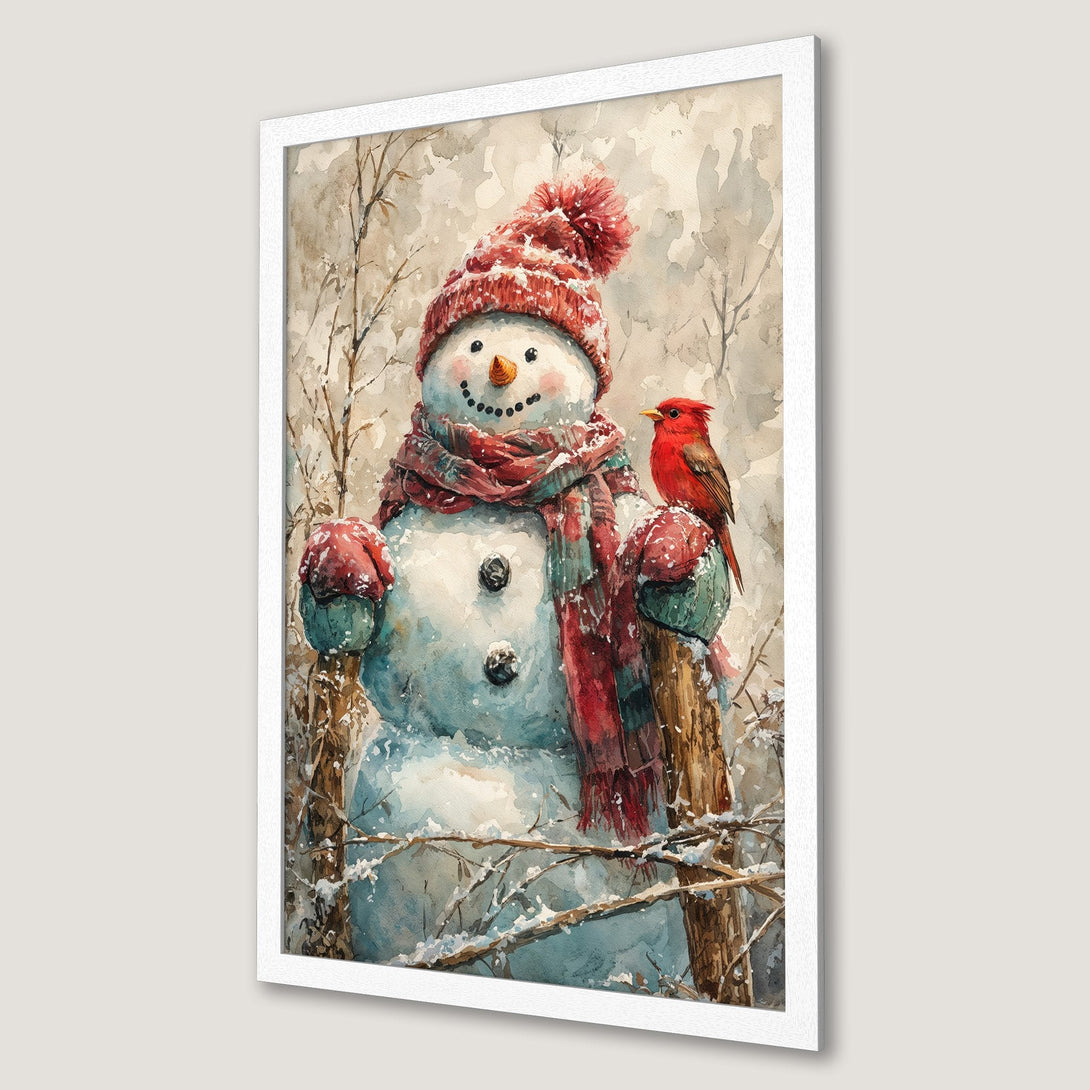 Framed Poster featuring a watercolor snowman with a red cardinal, winter scene, and a warm color palette. Perfect holiday decor!