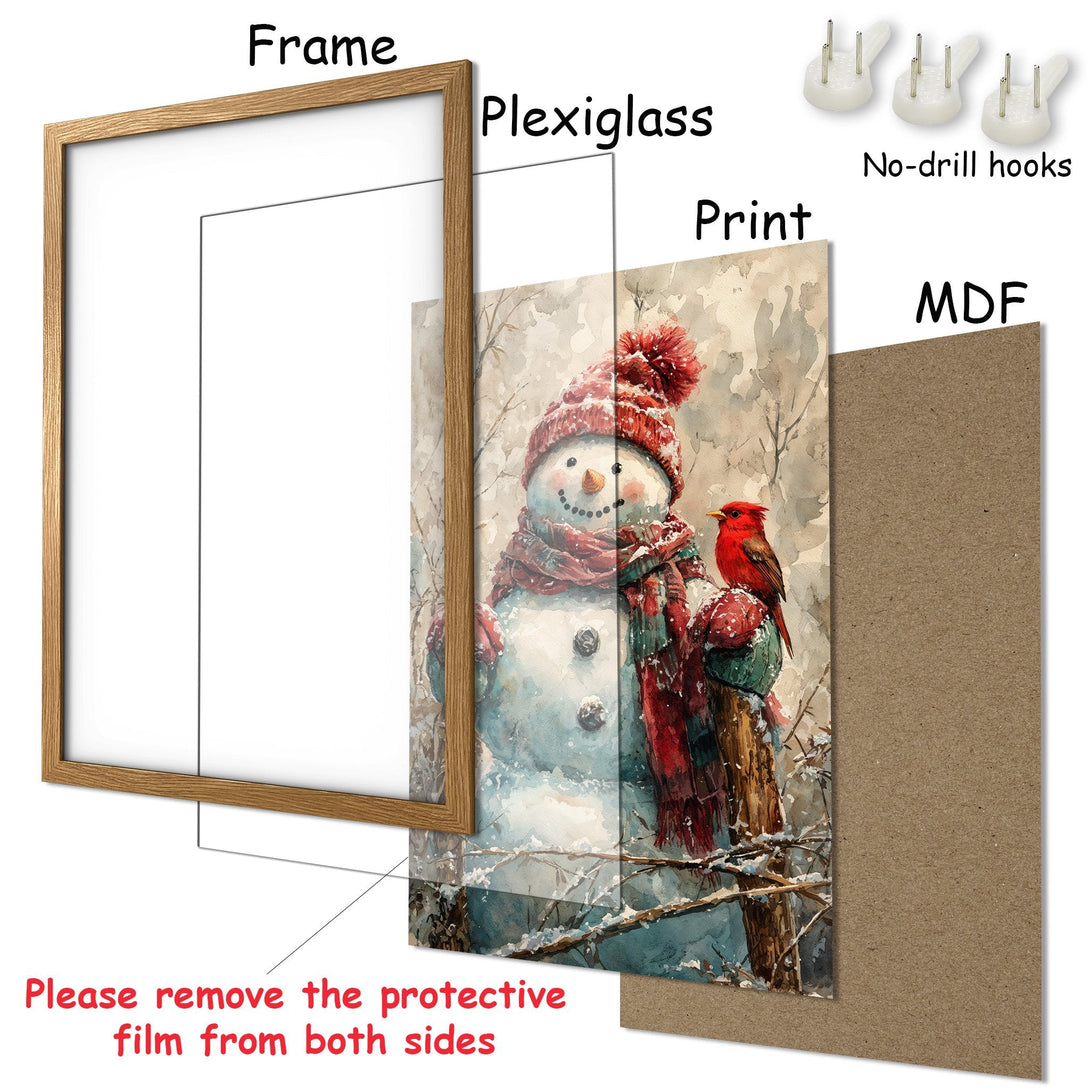 Framed Poster featuring a watercolor snowman & bird in a winter scene. Soft, muted colors. Perfect winter decor!