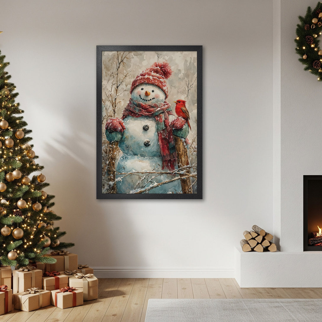 Framed Poster featuring a watercolor snowman with a red bird, perfect for winter decor. Soft, neutral color palette.