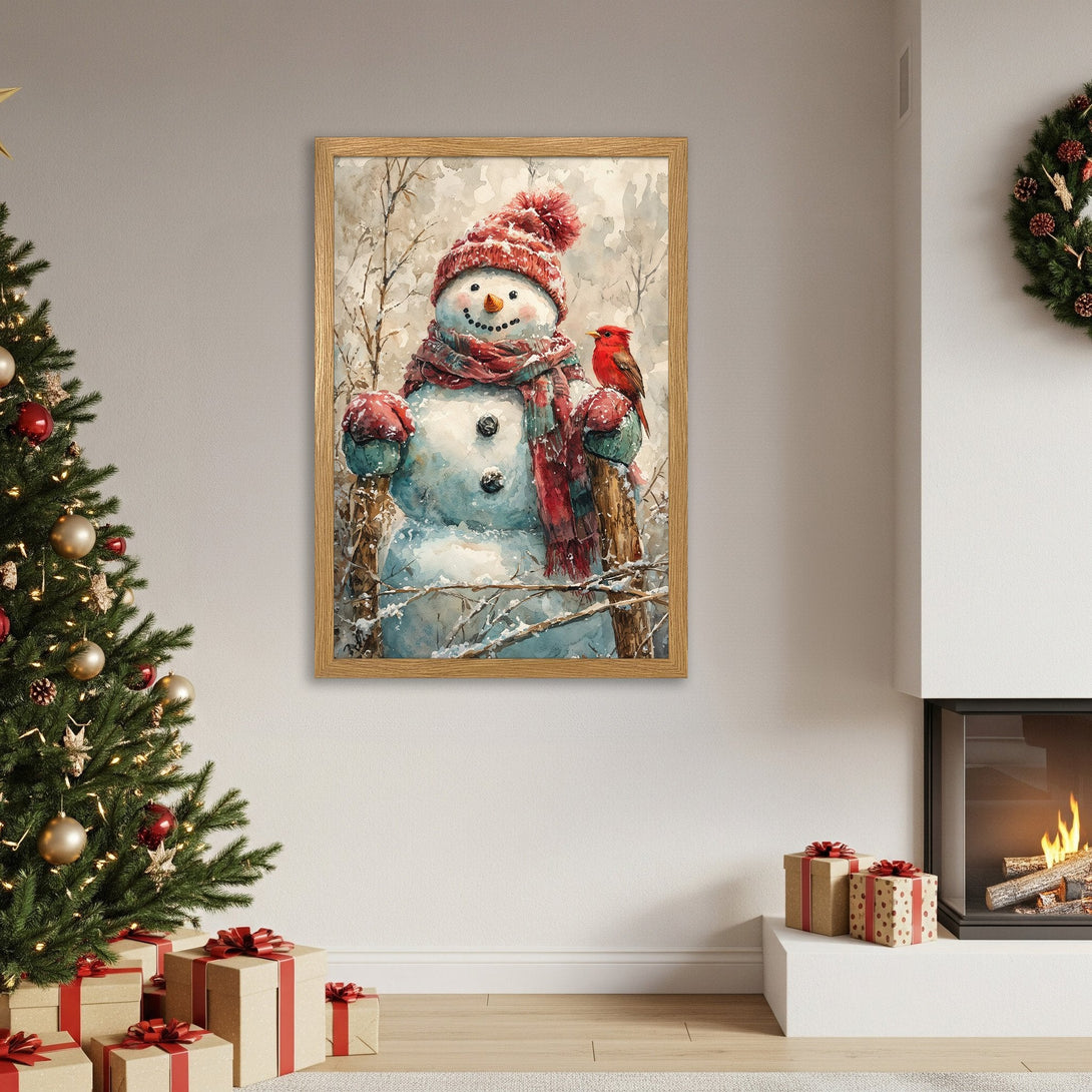 Framed Poster of a watercolor snowman with a red cardinal, perfect for winter decor. Features a warm, festive color palette.