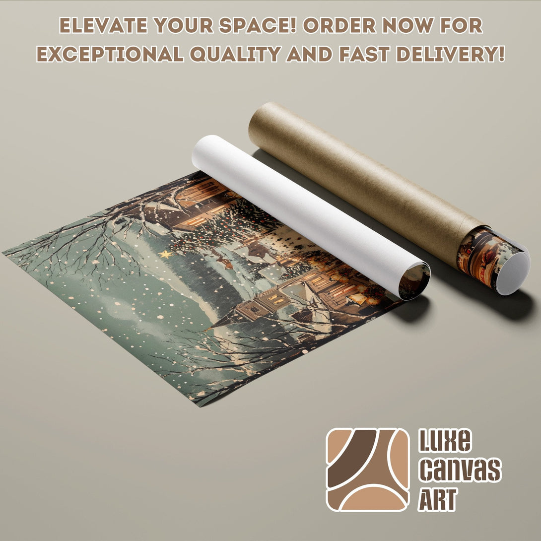 Winter scene Poster Roll, vintage style, muted green and brown tones. Order yours today!