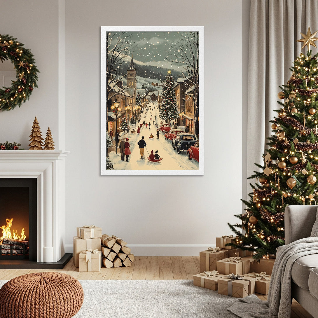 Framed Poster of a snowy Christmas village scene, vintage style, with a warm, inviting color palette. Perfect holiday decor!