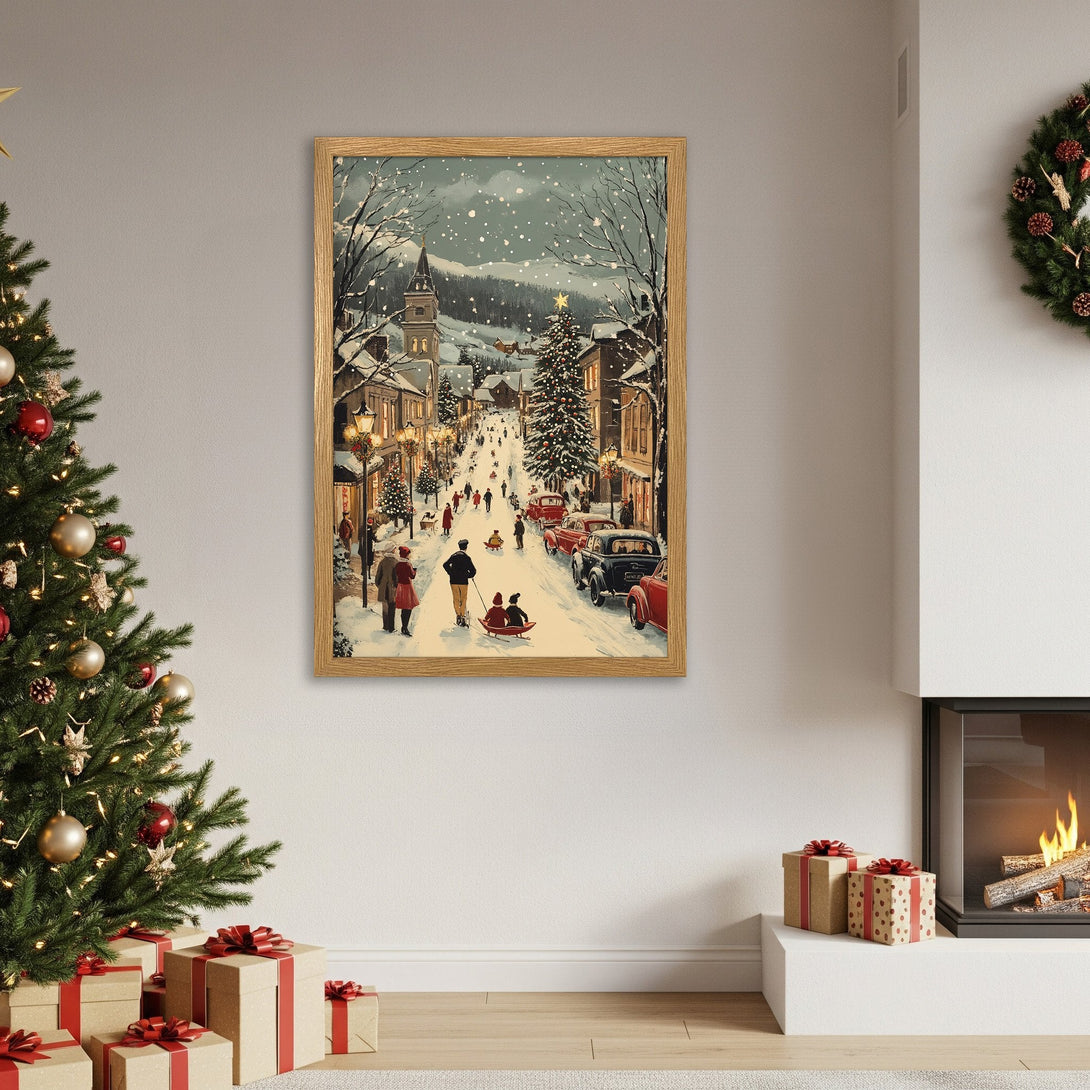 Framed Poster of a snowy Christmas street scene, vintage style, with a warm, inviting color palette. Perfect holiday decor!
