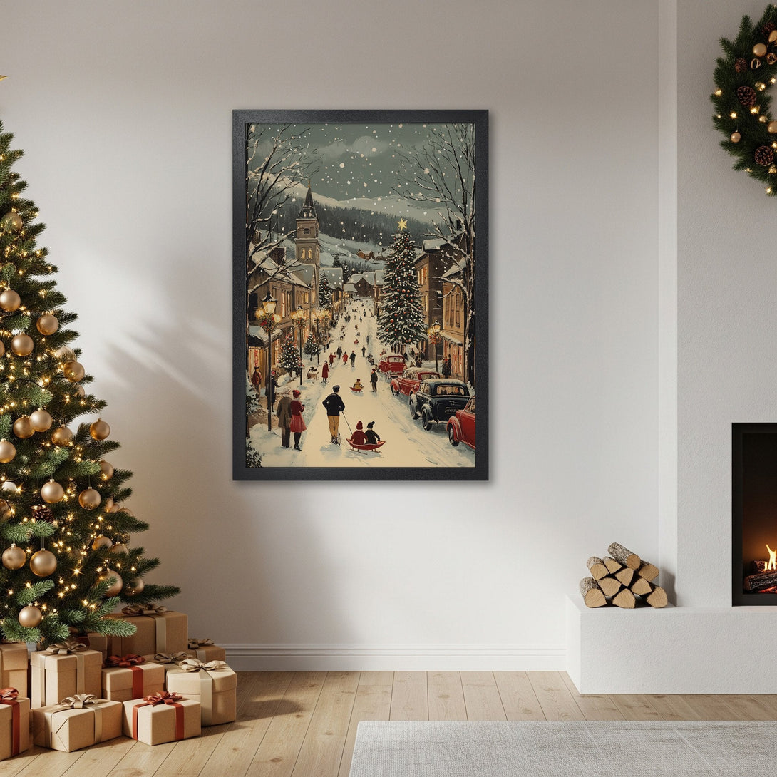 Framed Poster of a snowy Christmas village scene, vintage style, with a muted color palette of blues, reds, and whites.