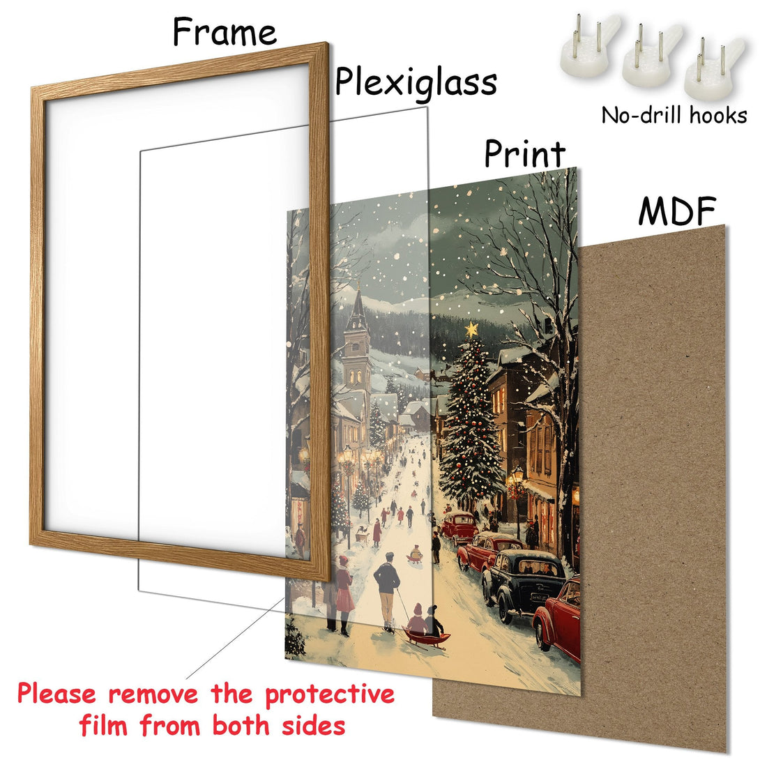 Framed Poster featuring a winter street scene. Warm, nostalgic style with a muted green and brown color palette. Perfect wall art for your home!