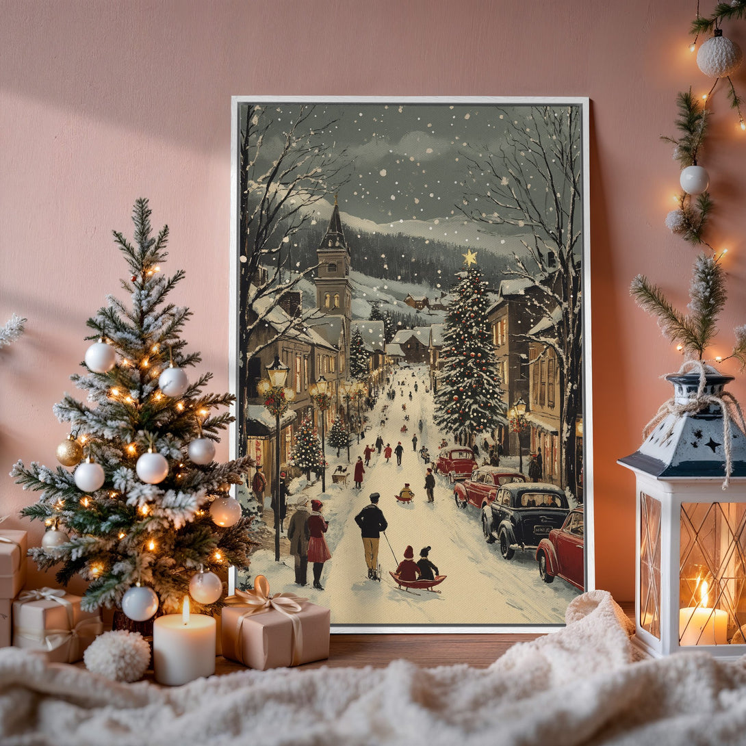 Framed Wall Art: Vintage Christmas scene Canvas Print. Winter street with snow, classic cars, and a warm, nostalgic color palette. Perfect holiday decor!